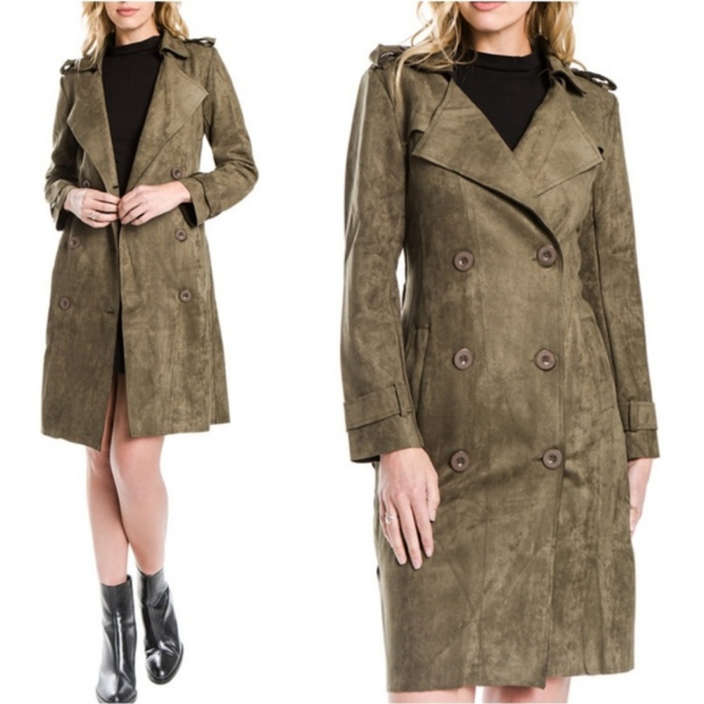 Olive Green Suede Trench coat ✅ - Picture 2 of 3